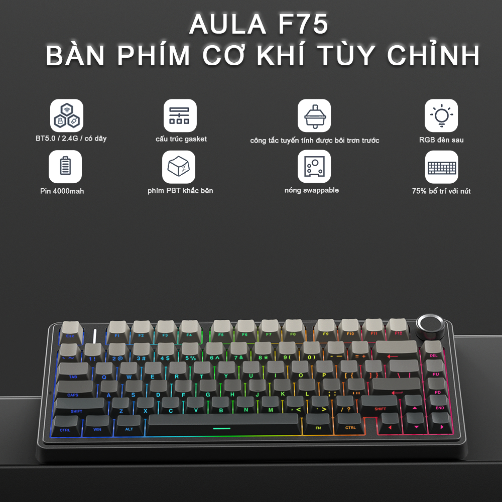 Bàn Phím Cơ AULA F75 80% - 3 Chế Độ + Núm Xoay Đa Năng Gasket Mềm Mại tiết kiệm không gian | BigBuy360 - bigbuy360.vn