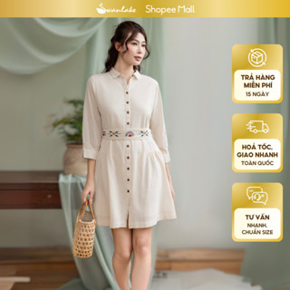 SWANLAKE | Váy Đầm Sơ Mi Nữ Suông Dây Thắt Eo Vải Linen Tay Lỡ Cài Nút Thêu Thổ Cẩm Có Túi D12225