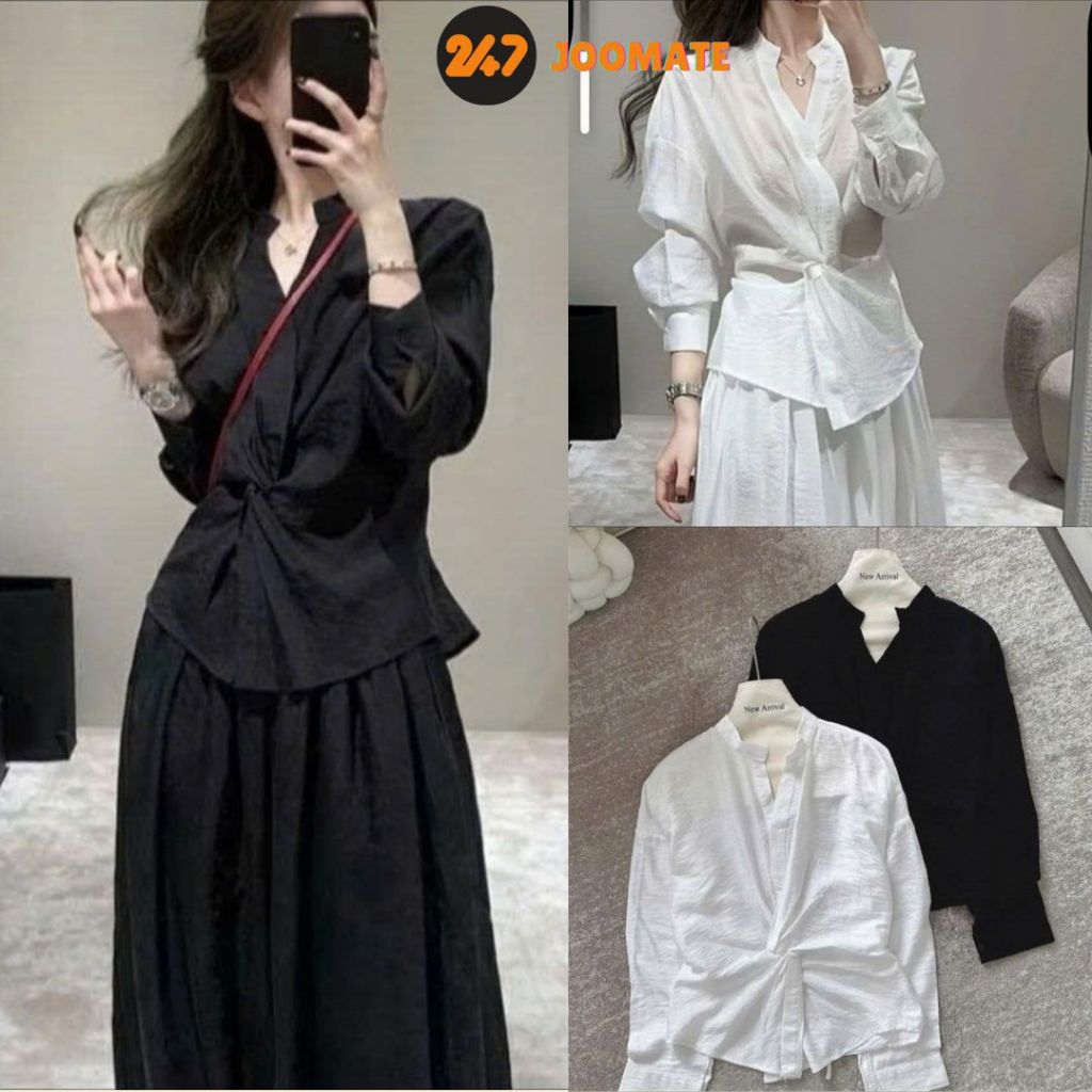  Áo sơ mi dài tay 247joomate xoắn eo cổ V chất đũi mềm mát 2498 P8k3 