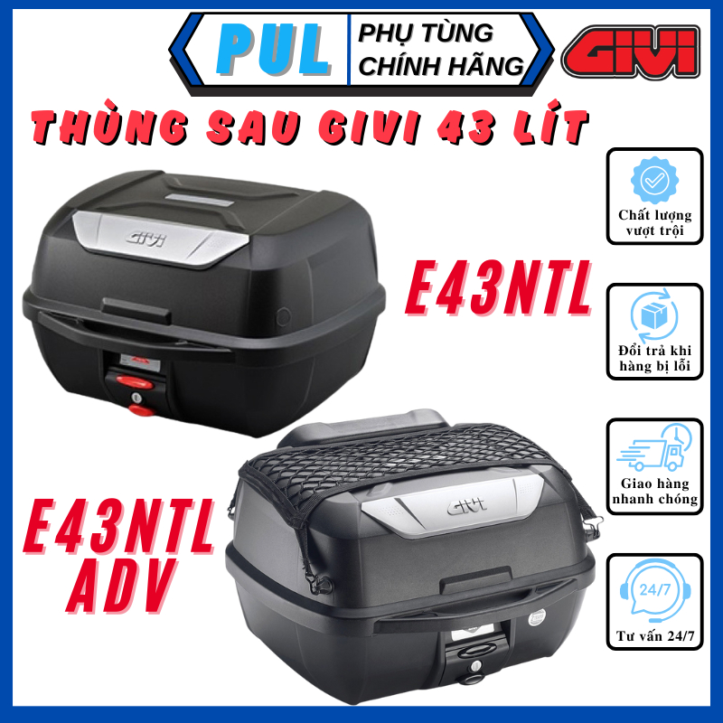 Thùng sau moto xe máy givi E43NTL, E43NTL ADV đen dung tích 43 lít kèm sẵn đế gắn thùng chắc chắn