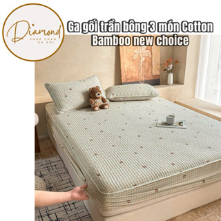 Bộ ga gối Cotton Bamboo trần bông 3 món hoạ tiết vintage,ga bo chun tiện lợi dùng 4 mùa
