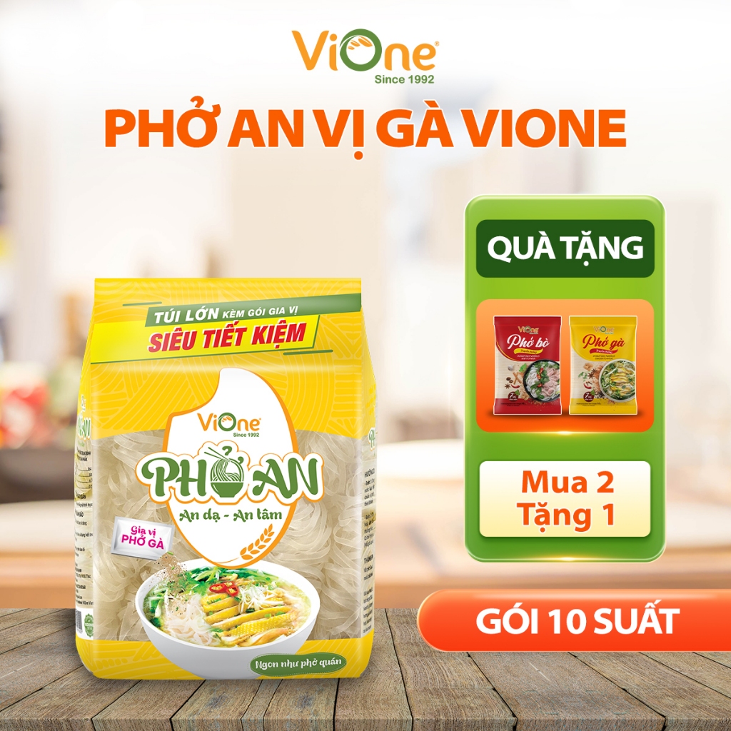 Phở khô kèm gia vị phở gà ViOne, phở An gia vị gà gói 10 suất, phở gói kèm gia vị gà tiện lợi