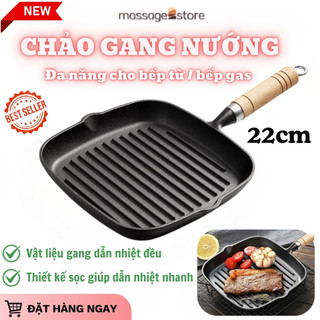  Chảo Gang Nướng Thịt BBQ Chống Dính 22cm Tay Cầm Cán Gỗ Có Chỗ Thoát Dầu Chảo Nướng Vuông Đa Năng Cho Bếp Gas Bếp Từ 
