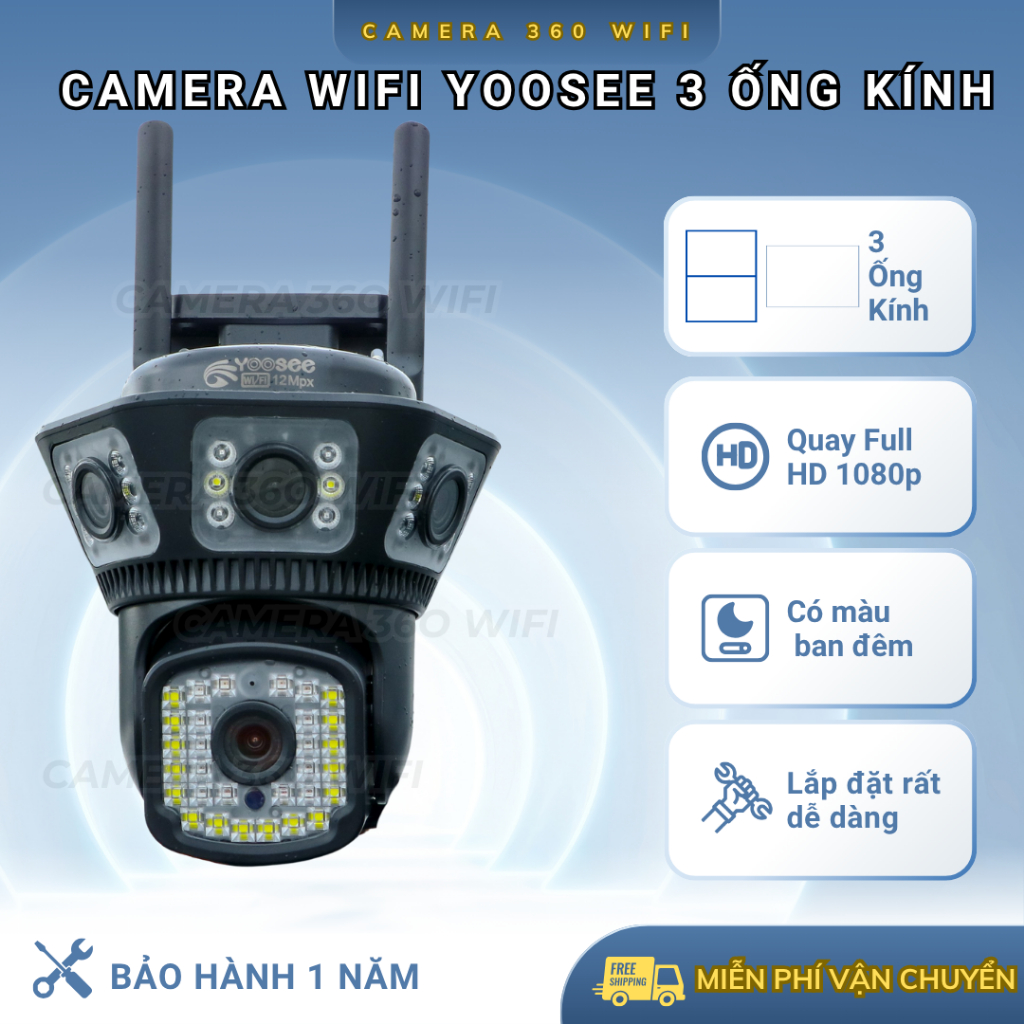 Camera YOOSEE 3 MẮT KÉP 3 MÀN HÌNH ĐỘC LẬP 15MP (5MP + 5MP + 5MP), Báo động cực to, bảo hành 1 năm