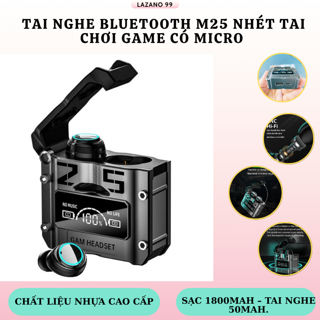 [M25] Tai Nghe Không Dây M25  Phụ Kiện Điện Tử Minh Khang Có Mic, Chống Ồn Chủ Động, Kiêm Sạc Dự Phò