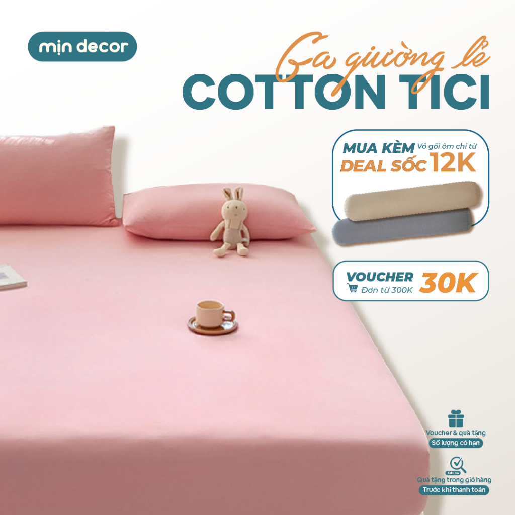  Ga Giường Cotton Tici Mịn Decor  Không Kèm Vỏ Gối  Màu Trơn Basic Size 1m2 1m6 1m8 Bo Chun Đệm 10cm 