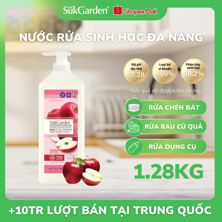 Nước Rửa Sinh Học SukGarden Hương Táo 1,28kg Chiết Xuất Enzyme Thực Vật-Hỗ Trợ Rửa Chén, Rau Củ Quả