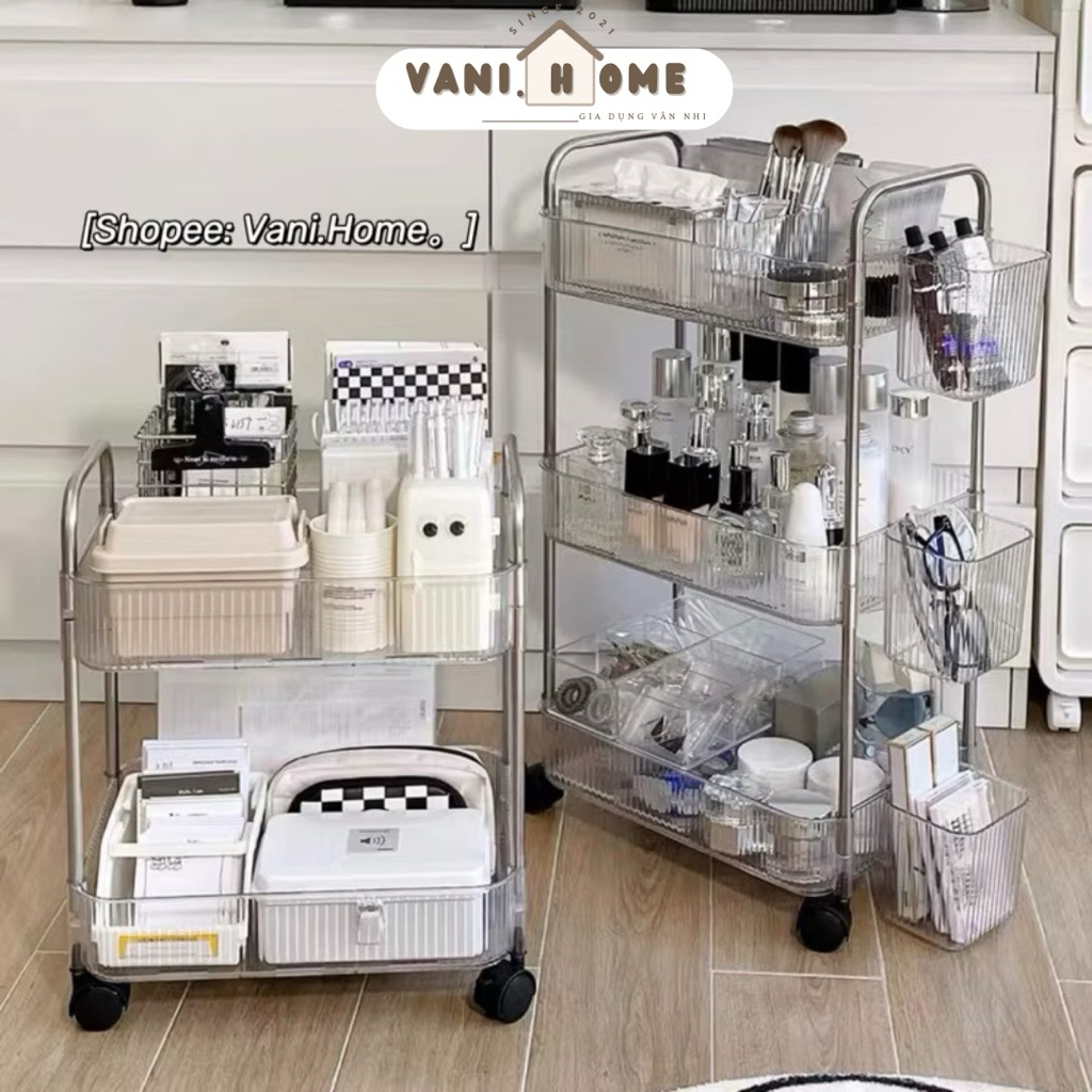 Kệ nhựa 3 tầng trong suốt đựng đồ đa năng có bánh xe di chuyển tiện lợi - Kệ để đồ trang điểm, kệ sp