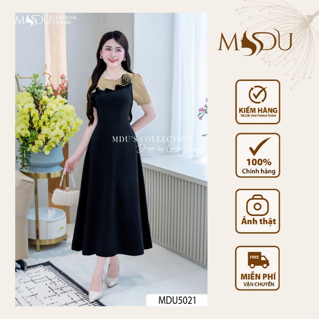 Váy Thiết Kế MDU5021 Cổ Tròn Phối Viền Bèo Đính Hoa Thủ Công Tinh Tế Dang Váy Xòe Nhẹ Từ MDU