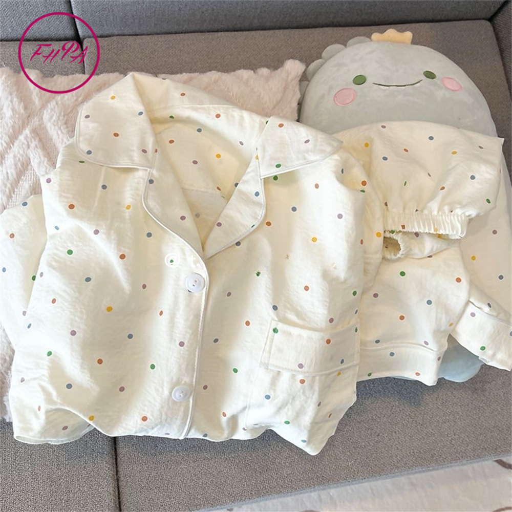 FHPA Bộ Đồ Ngủ Nữ Mây Cotton Dots Polka Rainbow Mỏng Mát Quần short ngắn tay nhập khẩu
