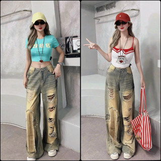 (S-2XL dài 104cm) Quần Jeans Suông nữ - Quần Jean Nữ Lưng Cao - Rách Bụi - Kiểu. Chất jean QC mềm nhẹ Không giản. 5816