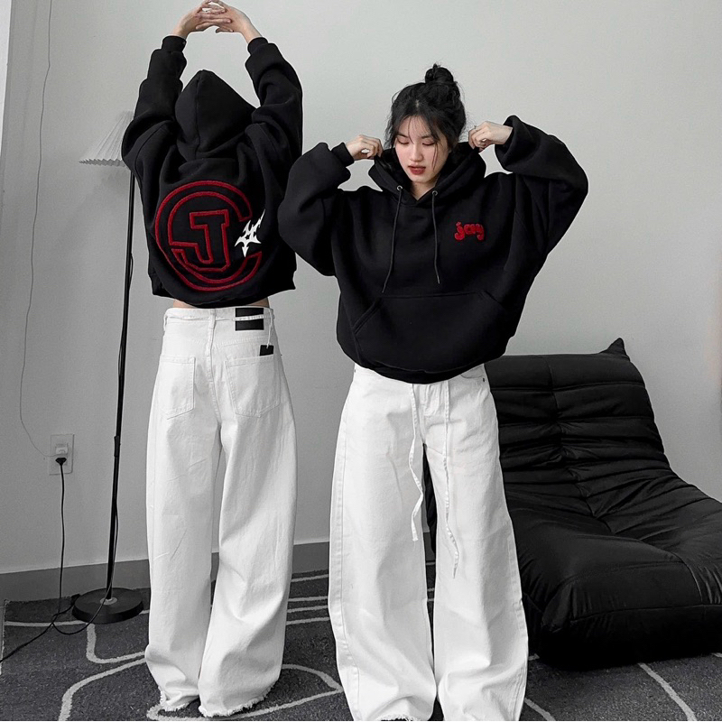 HOODIE CJAY - Áo khoác hoodie thêu xù form Boxy rộng mũ to nam nữ unisex màu XÁM TIÊU/XÁM CHÌ/ĐEN