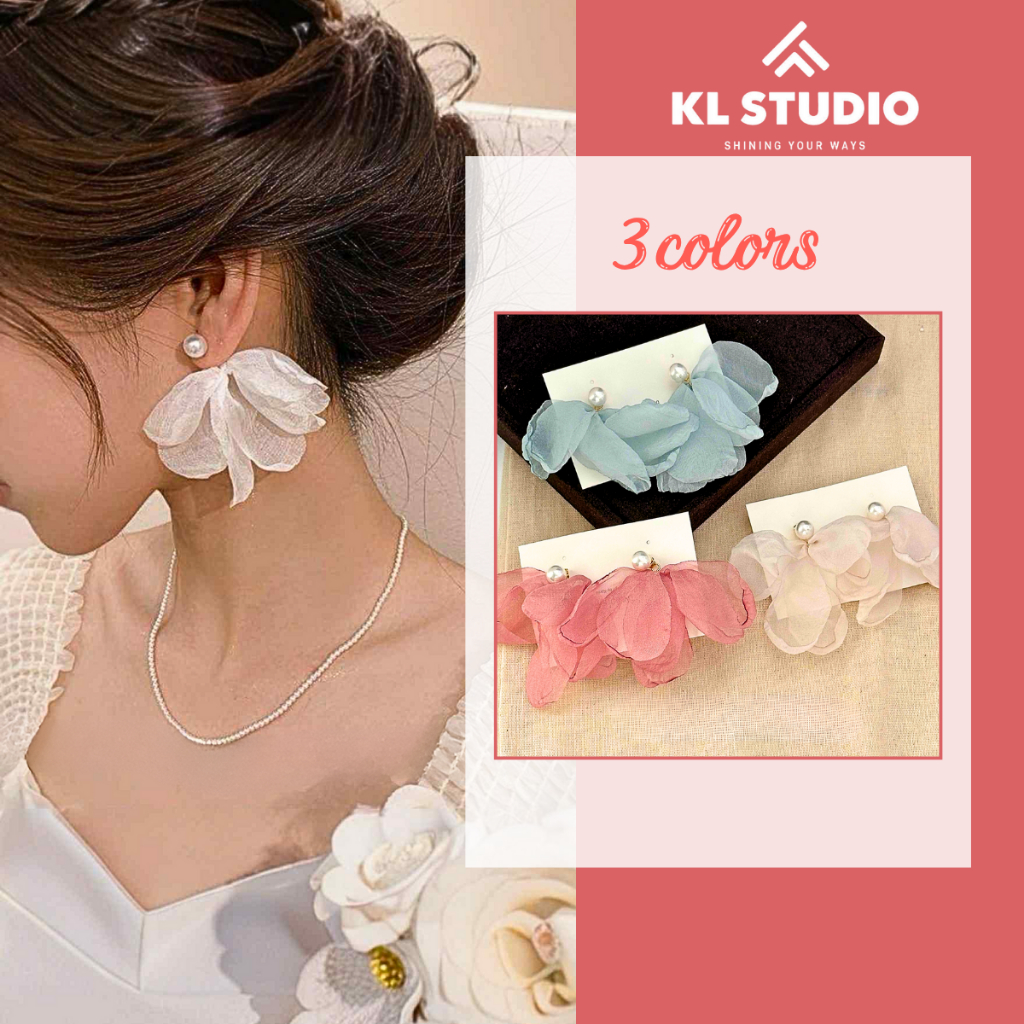 Bông Tai Ngọc Trai Cánh Hoa Voan KL.STUDIO Dáng Thả Dịu Dàng Nữ Tính Đi Chơi Đi Biển - E315