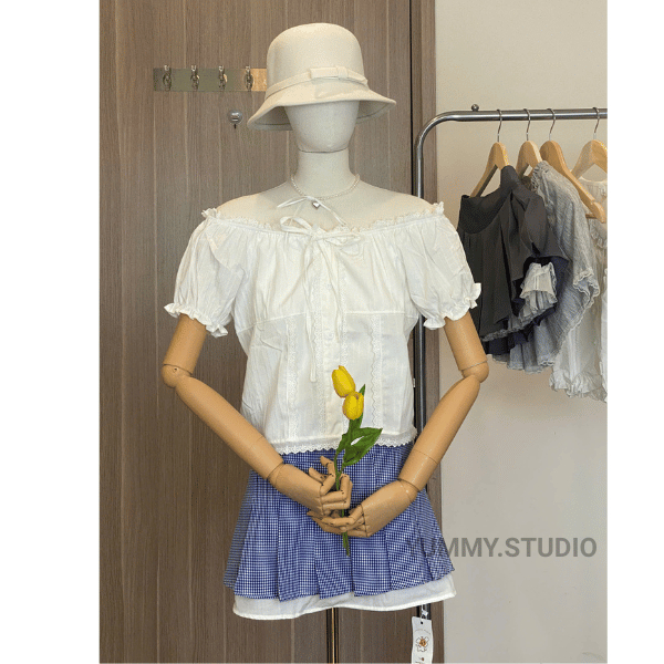 (Có size sẵn) Áo sơ mi ngắn tay trắng thắt nơ Yummy phối ren, Áo sơ mi cách điệu dễ thương S08 | BigBuy360 - bigbuy360.vn