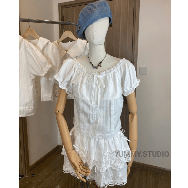 (Có size sẵn) Áo sơ mi ngắn tay trắng thắt nơ Yummy phối ren, Áo sơ mi cách điệu dễ thương S08 | BigBuy360 - bigbuy360.vn