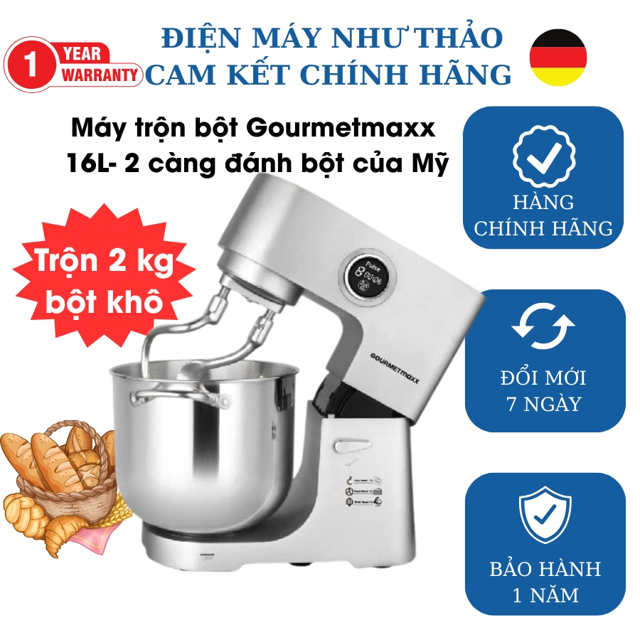 Phiên bản 2025- Máy trộn bột 16L 2500W Gourmetmaxx - Trộn 2kg bột khô - có chức năng hẹn giờ, thân kim loại bền bỉ