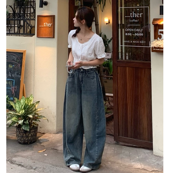 𝐌𝐈𝐍𝐈 𝐇𝐎𝐔𝐒𝐄 - Quần jeans nữ ống rộng phối line nhúm phần hông tôn dáng che khuyết điểm MINI003 | BigBuy360 - bigbuy360.vn