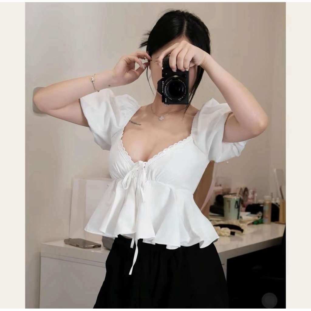 [BÈO BÉO BIGSIZE ] ÁO THÔ NỮ TAY BỒNG CỔ TIM VIỀN REN FORM BIGSIZE 60-90KG | BigBuy360 - bigbuy360.vn
