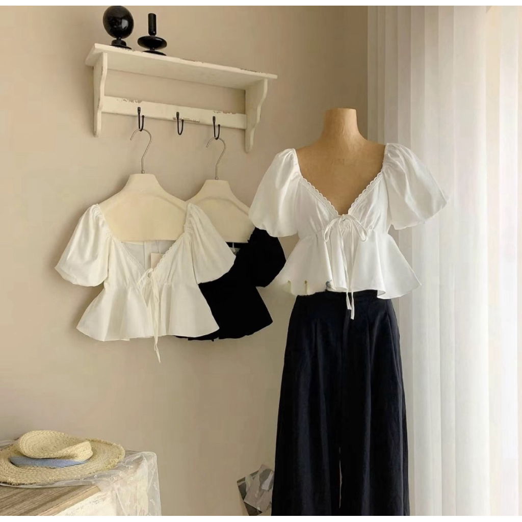 [BÈO BÉO BIGSIZE ] ÁO THÔ NỮ TAY BỒNG CỔ TIM VIỀN REN FORM BIGSIZE 60-90KG | BigBuy360 - bigbuy360.vn