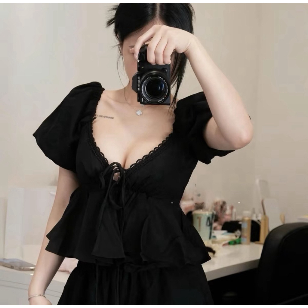[BÈO BÉO BIGSIZE ] ÁO THÔ NỮ TAY BỒNG CỔ TIM VIỀN REN FORM BIGSIZE 60-90KG | BigBuy360 - bigbuy360.vn