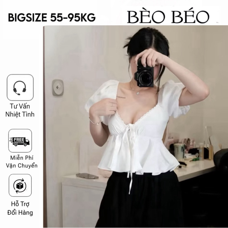 [BÈO BÉO BIGSIZE ] ÁO THÔ NỮ TAY BỒNG CỔ TIM VIỀN REN FORM BIGSIZE 60-90KG | BigBuy360 - bigbuy360.vn