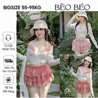   BÈO BÉO BIGSIZE   SET 3 MÓN CARO ĐI BIỂN : THUN GIẤY - BIKINI CARO - CHÂN VÁY TẦNG CARO FORM BIGSIZE 60-90KG 