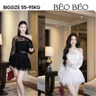   BÈO BÉO BIGSIZE   SET 3 MÓN ÁO REN VIỀN LỆCH VAI - ÁO ỐNG - CHÂN VÁY CHÂN REN DÁNG XOÈ FORM 60-90KG 