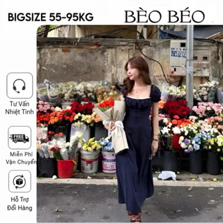 [ BÈO BÉO BIGSIZE ] ĐẦM MAXI NAVY CỔ VUÔNG XẾP LY TAY PHỒNG BIGISZE 60-90KG