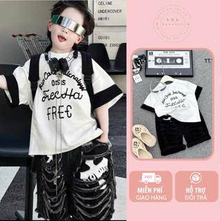 Bộ Quần Jean Rách Áo Trắng In Chữ Cho Bé Trai, Set Jean Ngắn Rách Áo Viền Đen Cho Bé Trai, Bộ Quần Bò Bé Trai Đi Chơi