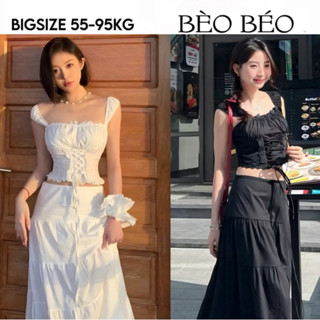 [BÈO BÉO BIGSIZE ] SET ÁO KIỂU NỮ CROPTOP 2 DÂY VIỀN ĐAN DÂY EO KÈM CHÂN VÁY MIDI DÁNG XOÈ FORM BIGSIZE 60-90KG