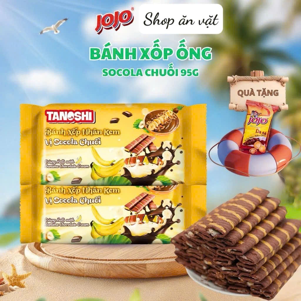 Bánh xốp nhân kem Tanoshi vị chuối 95g - Bánh xốp vị chuối thơm ngon giòn tan - Bánh xốp kem