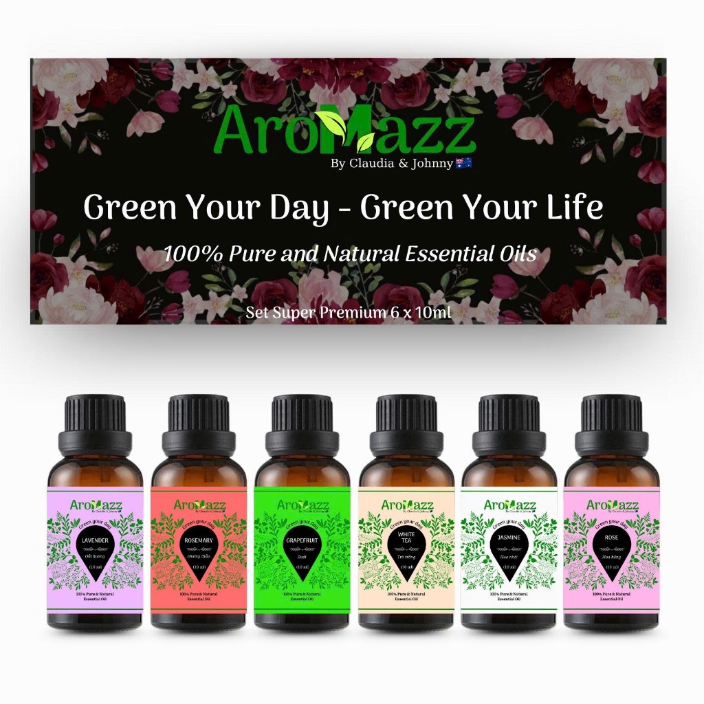 (Nhập khẩu nguyên set từ Ấn Độ) 6 Chai Tinh Dầu Nguyên Chất 100% AroMazz Gỗ Đàn Hương, Ngọc Lan Tây,Tràm Trà, Bưởi..