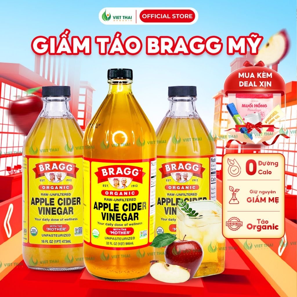 [BEST SELLER] Giấm Táo Bragg Mỹ 100% Hữu Cơ Chính Hãng Có Giấm Cái - Dấm Táo Detox Eatclean