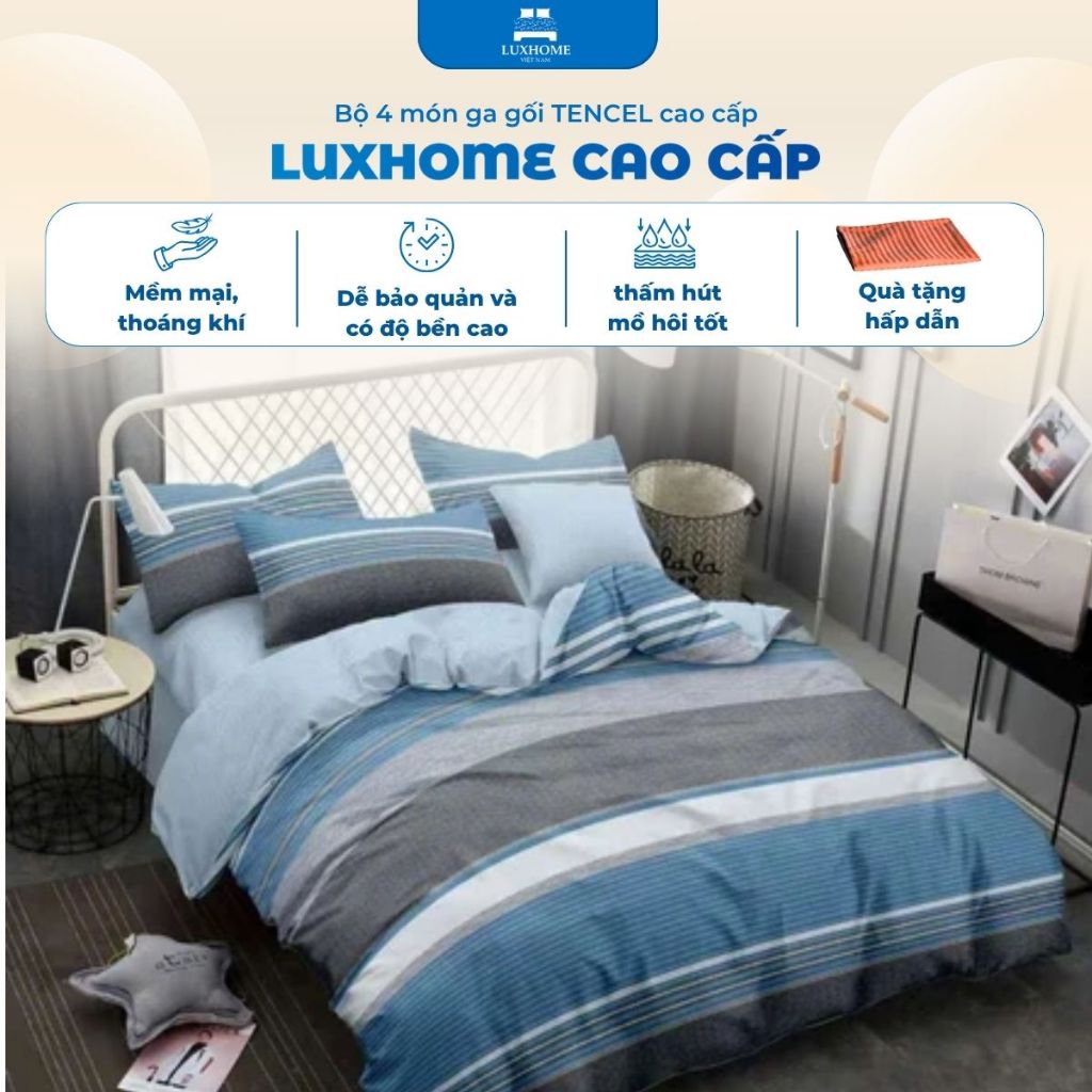 Bộ 4 món ga gối TENCEL cao cấp, vải mềm mát thoáng khí, không xù lông, tạo giấc ngủ ngon