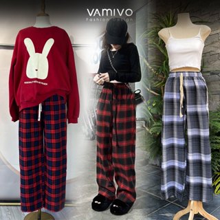 Quần kẻ sọc nữ CARO Vamivo, Quần caro ống rộng xuông nữ thô kẻ Vamivo QCR02