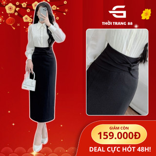 Chân váy đen dài 80cm THỜI TRANG 88 - Thiết kế nhún eo CHE BỤNG, xẻ tà sau tôn dáng diện Tết - Vải VinTech 2 lớp CV037