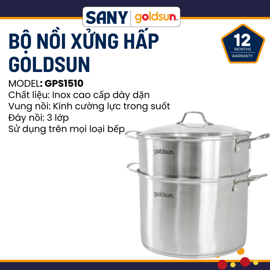 Bộ nồi xửng hấp Goldsun GPS1510 inox cao cấp đáy từ 3 lớp sử dụng trên mọi loại bếp