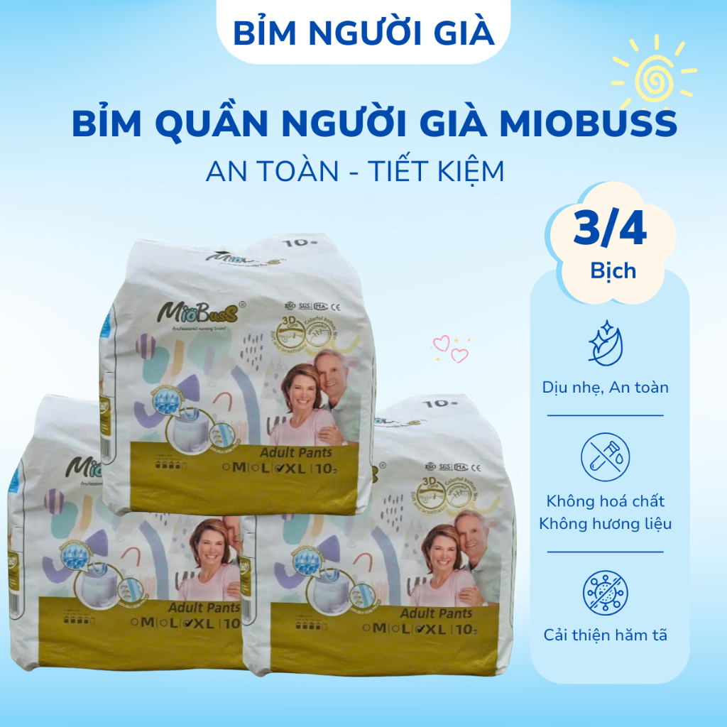 Combo 3/4 bịch ( mỗi bịch 10 miếng) bỉm quần người già Miobuss đủ size M/L/XL