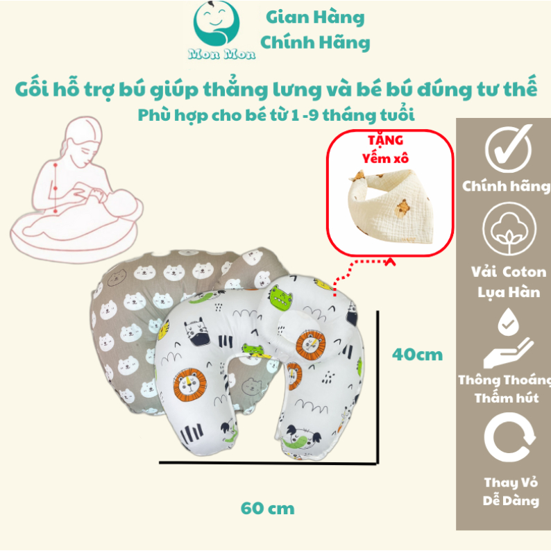 Gối Cho Con Bú Gối Hỗ Trợ Bú Cotton lụa hàn  Chính Hãng Nhà MonMon tháo vỏ thay giặt dễ dàng kèm túi