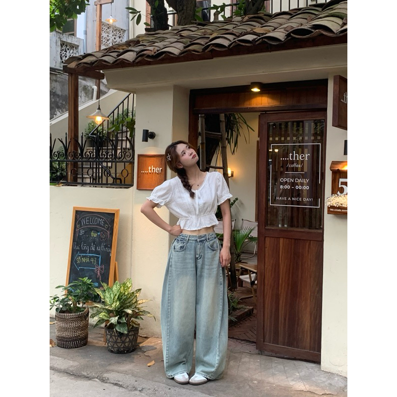 𝐌𝐈𝐍𝐈 𝐇𝐎𝐔𝐒𝐄 - Quần jeans nữ ống rộng phối line nhúm phần hông tôn dáng che khuyết điểm MINI003 | BigBuy360 - bigbuy360.vn