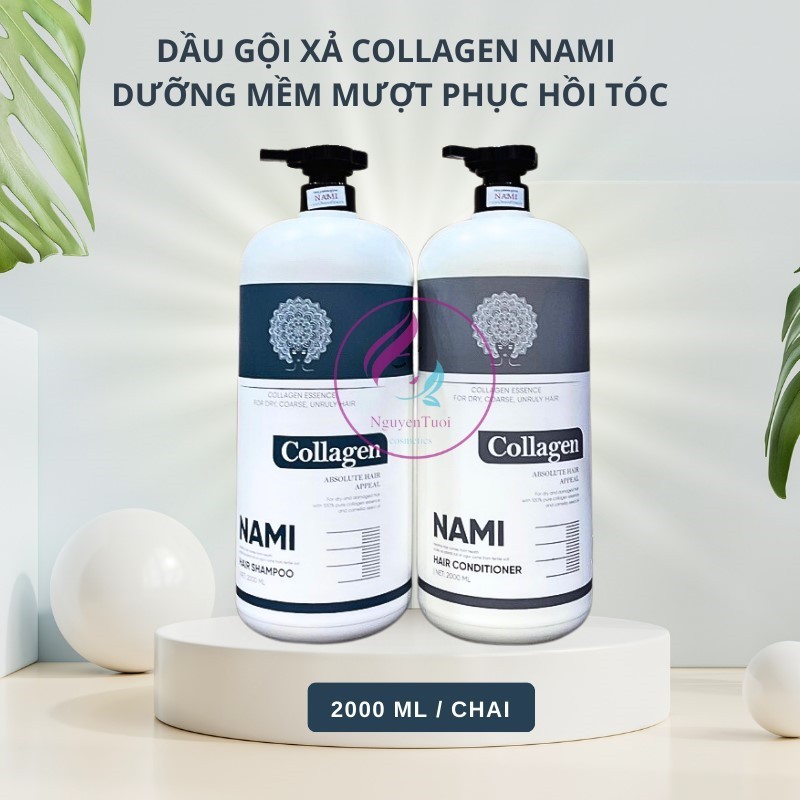 Cặp Dầu Gội Xả Collagen NAMI 2000mlx2 dưỡng ẩm, cấp ẩm, siêu thơm siêu mượt tóc công thức chuẩn salo