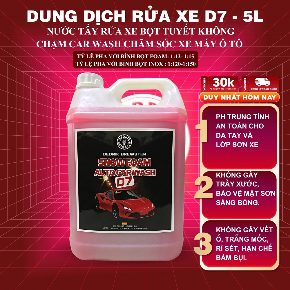 Dung Dịch Rửa Xe Không Chạm D7 Nước Tẩy Rửa Xe Bọt Tuyết Car Wash Chăm Sóc Xe Máy Ô Tô - Dedrik Brewter Can 5L
