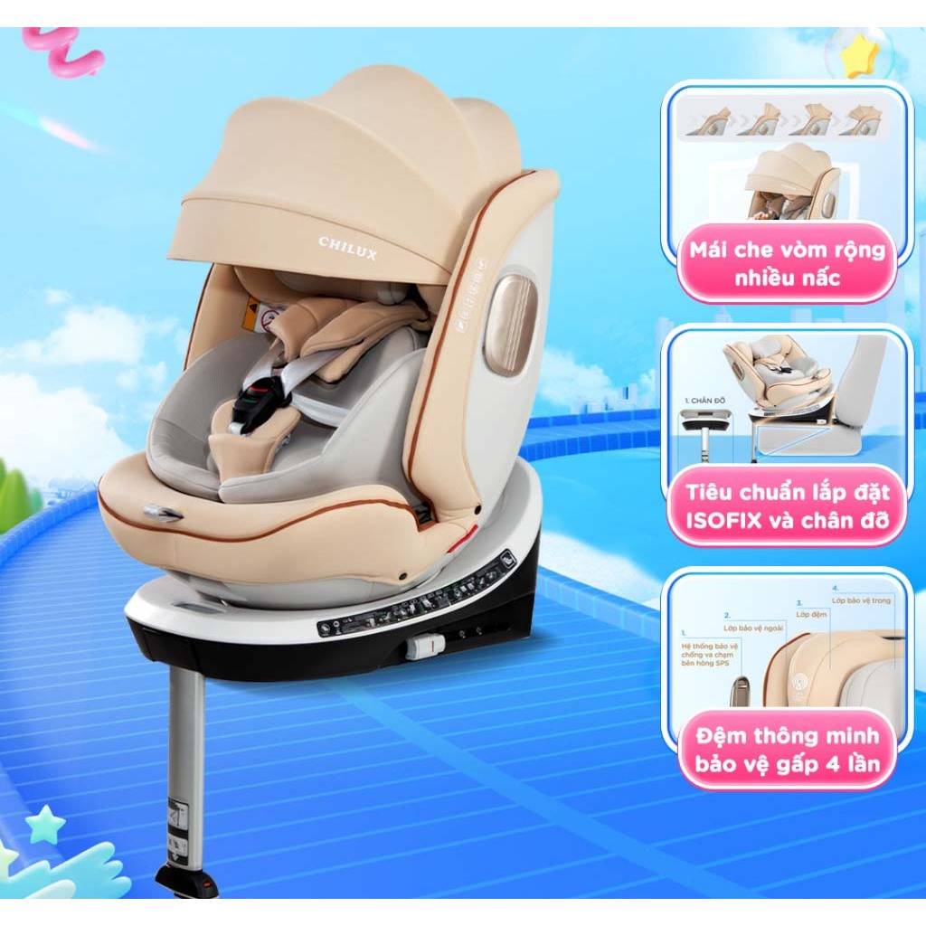 Ghế ngồi ô tô cho bé CHILUX X86 từ sơ sinh đến 12 tuổi - Đạt chuẩn I-Size, Thanh chống lật an toàn