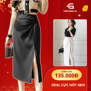Váy xẻ tà có nếp gấp không đều cho phụ nữ mùa thu đông phong cách retro đơn giản thanh lịch chất liệu cao cấp CV007