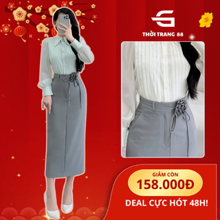  Chân váy công sở dáng dài form suông cạp cao kèm hoa thắt eo cao cấp sang trọng thanh lịch CV009 
