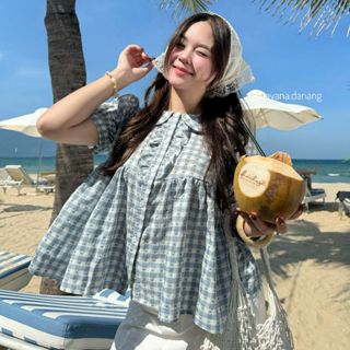 (PB.HAVANA) Áo kiểu OLLIE babydoll cổ bèo hoạ tiết caro phối cúc AO587