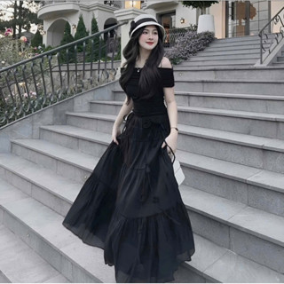  Set áo rớt vai kèm chân váy maxi hoa cho nữ đi chơi dự tiệc set đầm đi biển phong cách tiểu thư dễ thương 