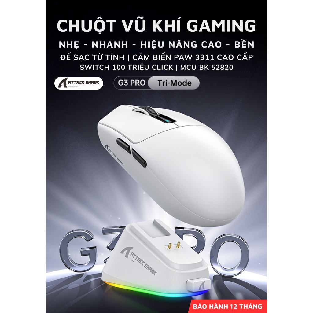 Chuột Gaming Attack Shark G3 PRO - Không Dây 3 Chế Độ, PAW3311, 25.000 DPI, Switch Omron, Dock RGB | BigBuy360 - bigbuy360.vn
