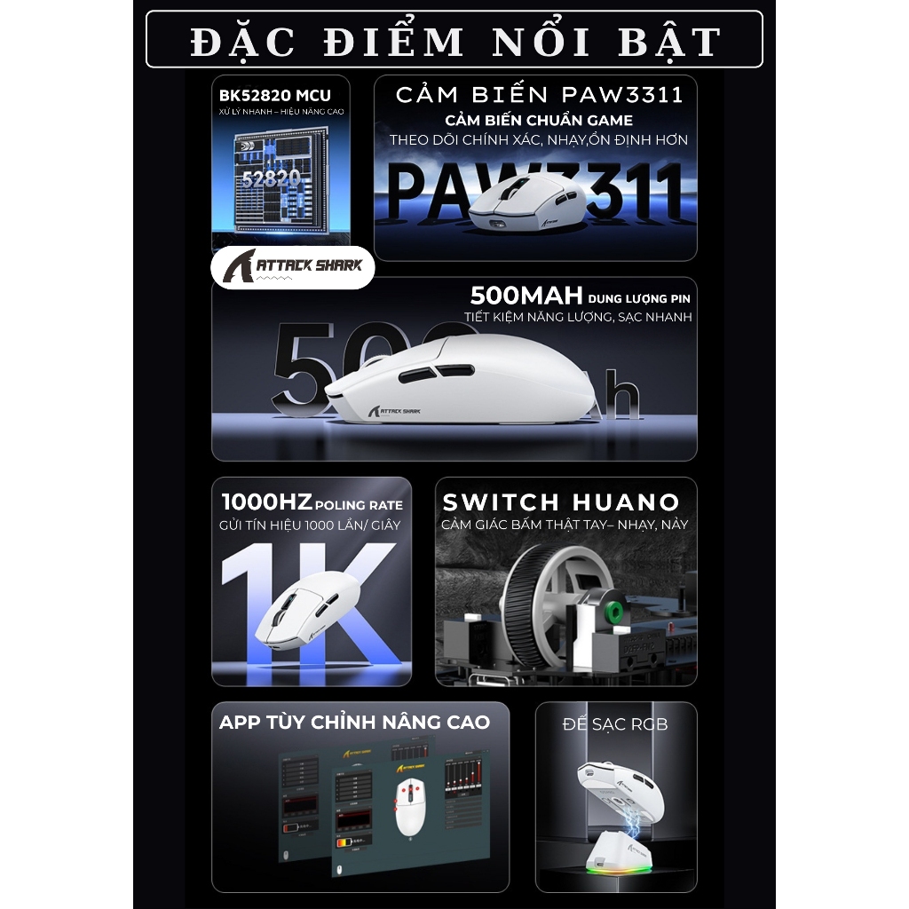 Chuột Gaming Attack Shark G3 PRO - Không Dây 3 Chế Độ, PAW3311, 25.000 DPI, Switch Omron, Dock RGB | BigBuy360 - bigbuy360.vn