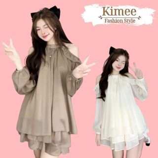 Set bộ đồ nữ tiểu thư áo trễ vai phối tay bèo cổ yếm mix chân váy voan tơ dáng xòe 2 lớp siêu xinh B182 KIMEE HOUSE